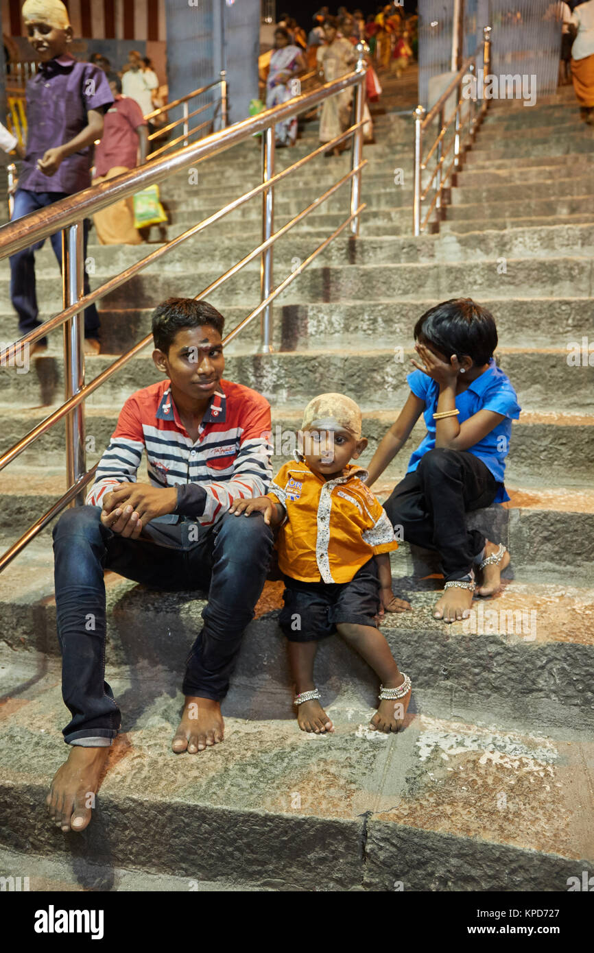 Palani, Lord Murukan's famous temple in Tamilnadu,  Steps to the temple, murukan devotees, street business, palani night view Stock Photo