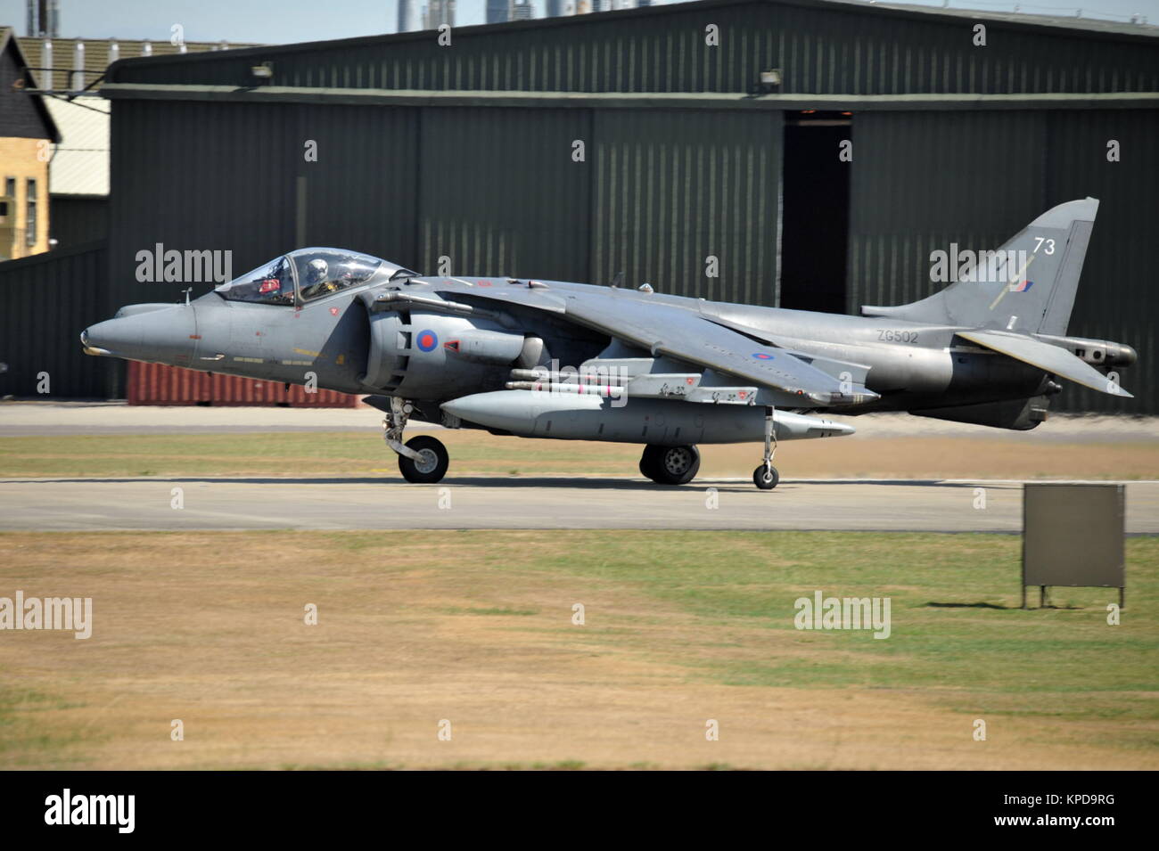 Royal Navy BAE Harrier GR9 ZG502 taxiing along the RNAS Yeovilton runway Stock Photo