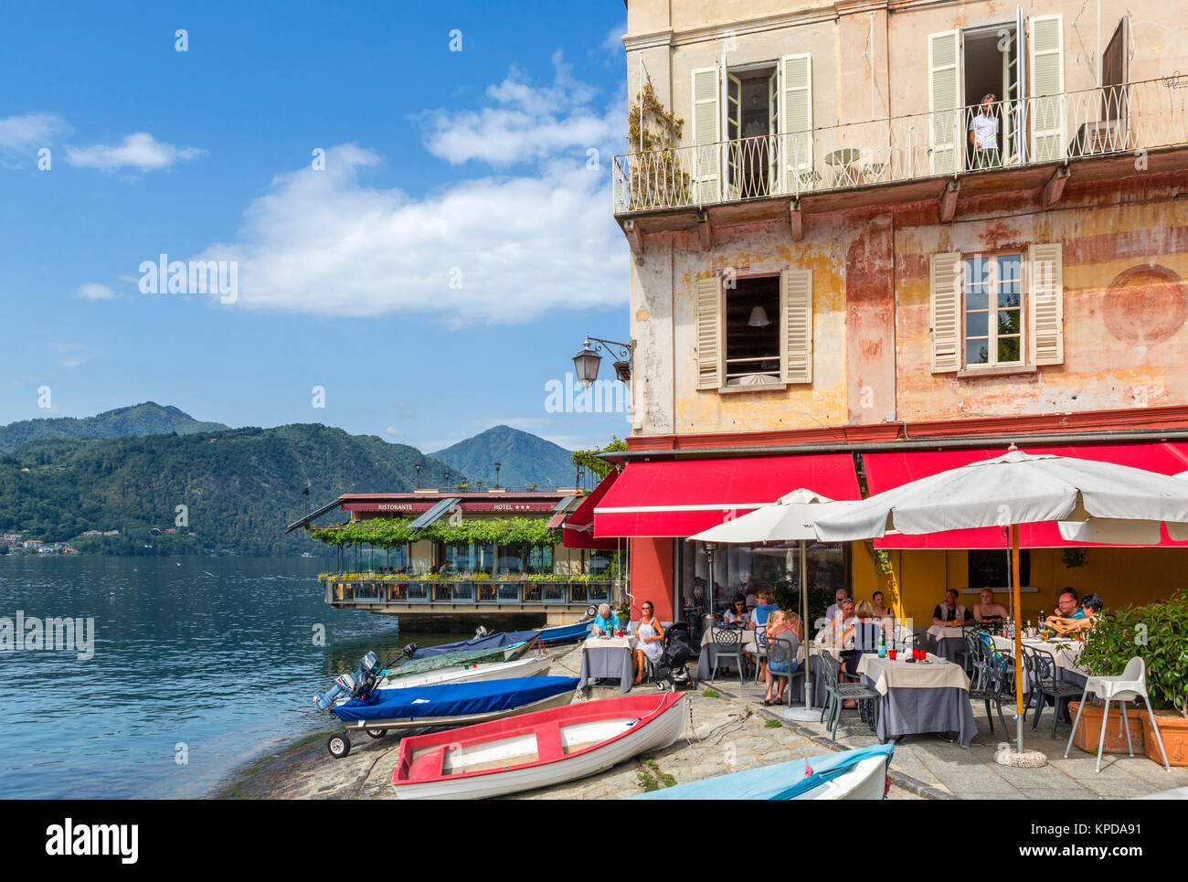 Lakefront restaurant in Orta San Giulio, Lake Orta, Italian Lakes, Piedmont, Italy Stock Photo