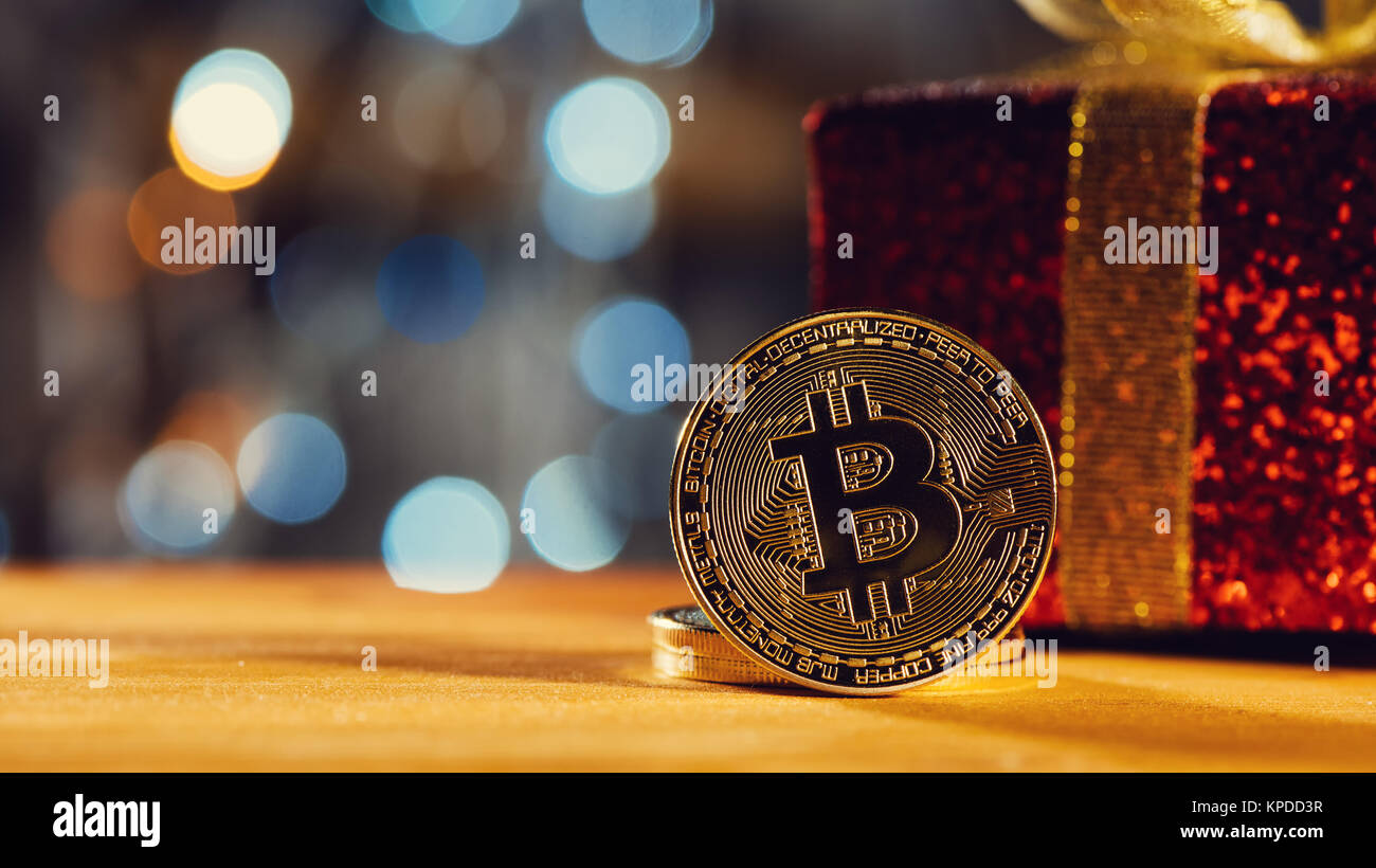 Bitcoin BTC cryptocurrency and Christmas gift box, BTC golden coin as  symbol of electronic virtual money for web banking and international  network pay Stock Photo - Alamy