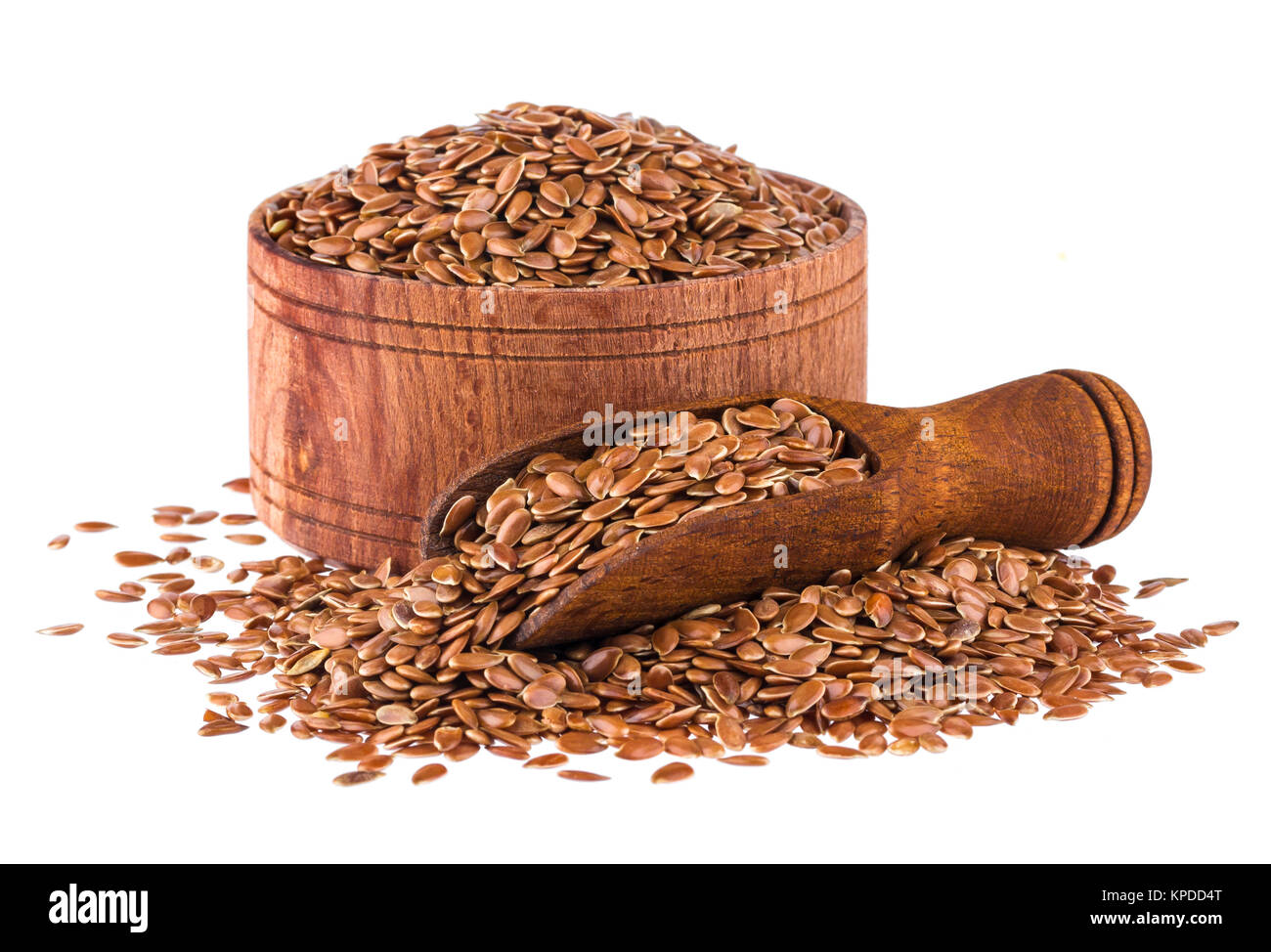 Flax seeds in wooden scoop and bowl isolated on white background close up Stock Photo