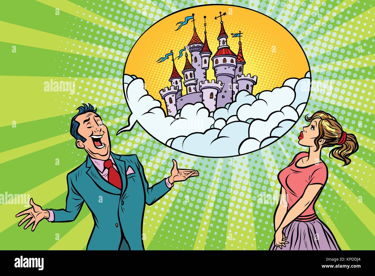 Confident businessman offers a woman fabulous castle in the sky Stock Vector