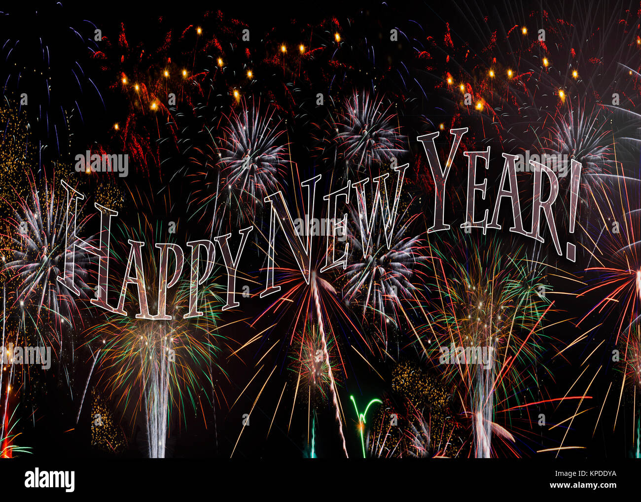 Fireworks 2018 New Years Eve concept transparent words spell out Happy New Year Also available with the year behind see KPDDY9 Stock Photo