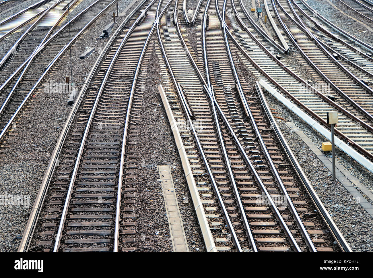 railroad tracks in the main station of hamburg Stock Photo