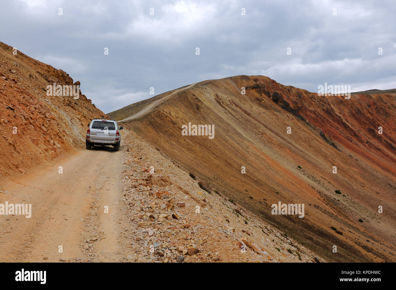 Mountain Road - A 4X4 vehicle driving on the most dangerous section of Webster Pass, Colorado, USA. Stock Photo