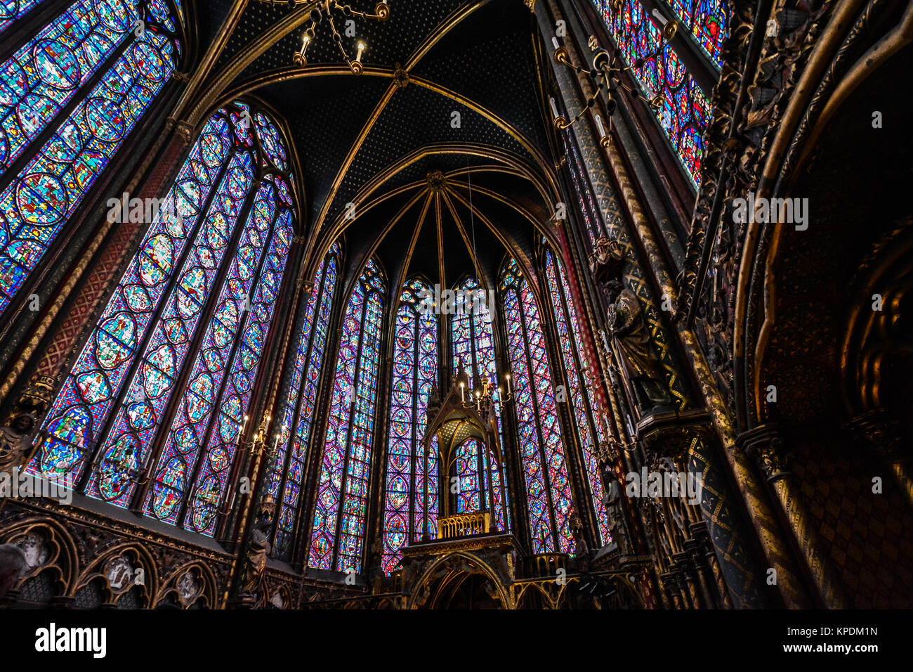 A portion of the stained glass on the interior of Sainte-Chapelle, the Gothic royal chapel on the ile de la Cite in Paris France Stock Photo