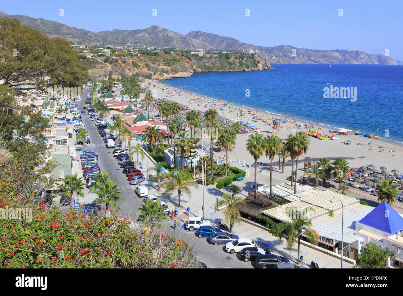 Panoramic view over Burriana Beach (Playa de Burriana) in Nerja on the Costa del Sol in the province of Malaga, Spain Stock Photo