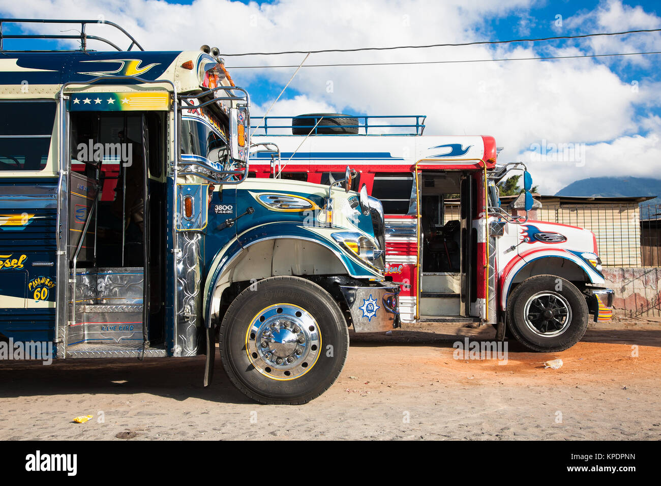 ANTIGUA,GUATEMALA -DEC 25,2015:Typical guatemalan chicken bus in Antigua, Guatemala on Dec 25, 2015.Chicken bus It's a name for colorful, modified and Stock Photo