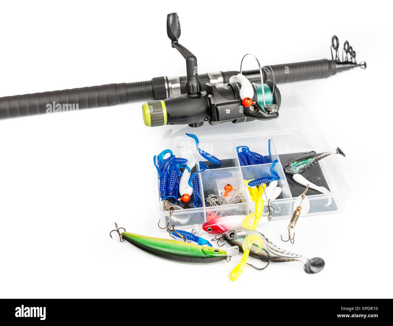 Fishing rod and baits set Stock Photo Alamy