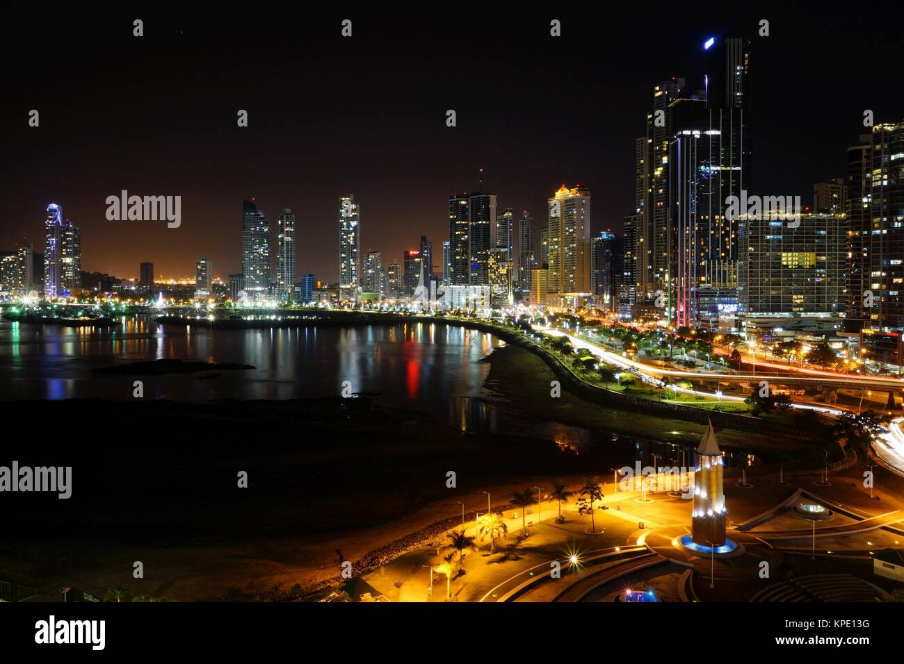 Night View of Panama City towards Panama Bay and Cinta Costera Stock Photo