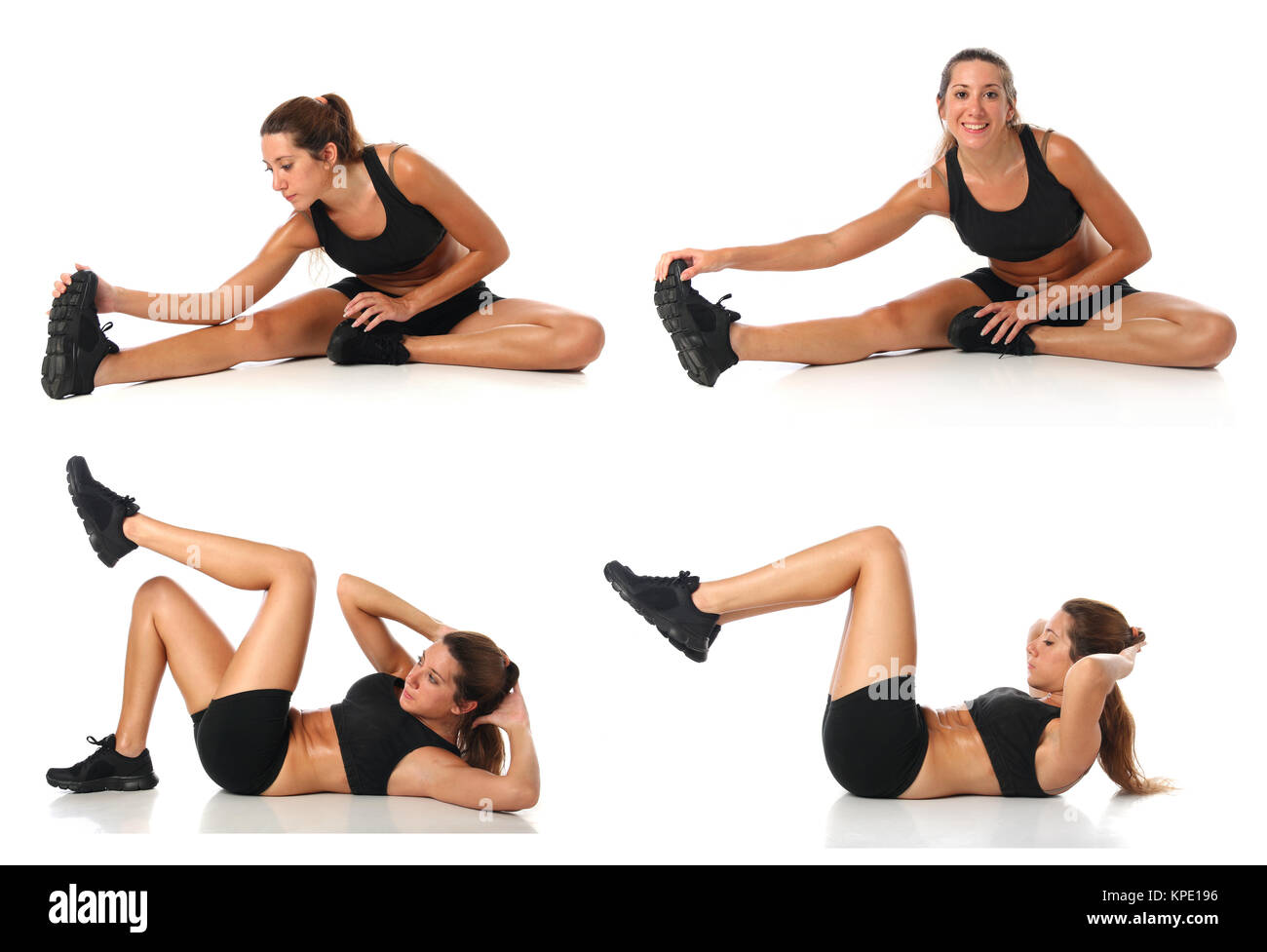 Fitness collage. Young woman doing exercise and  stretching Stock Photo