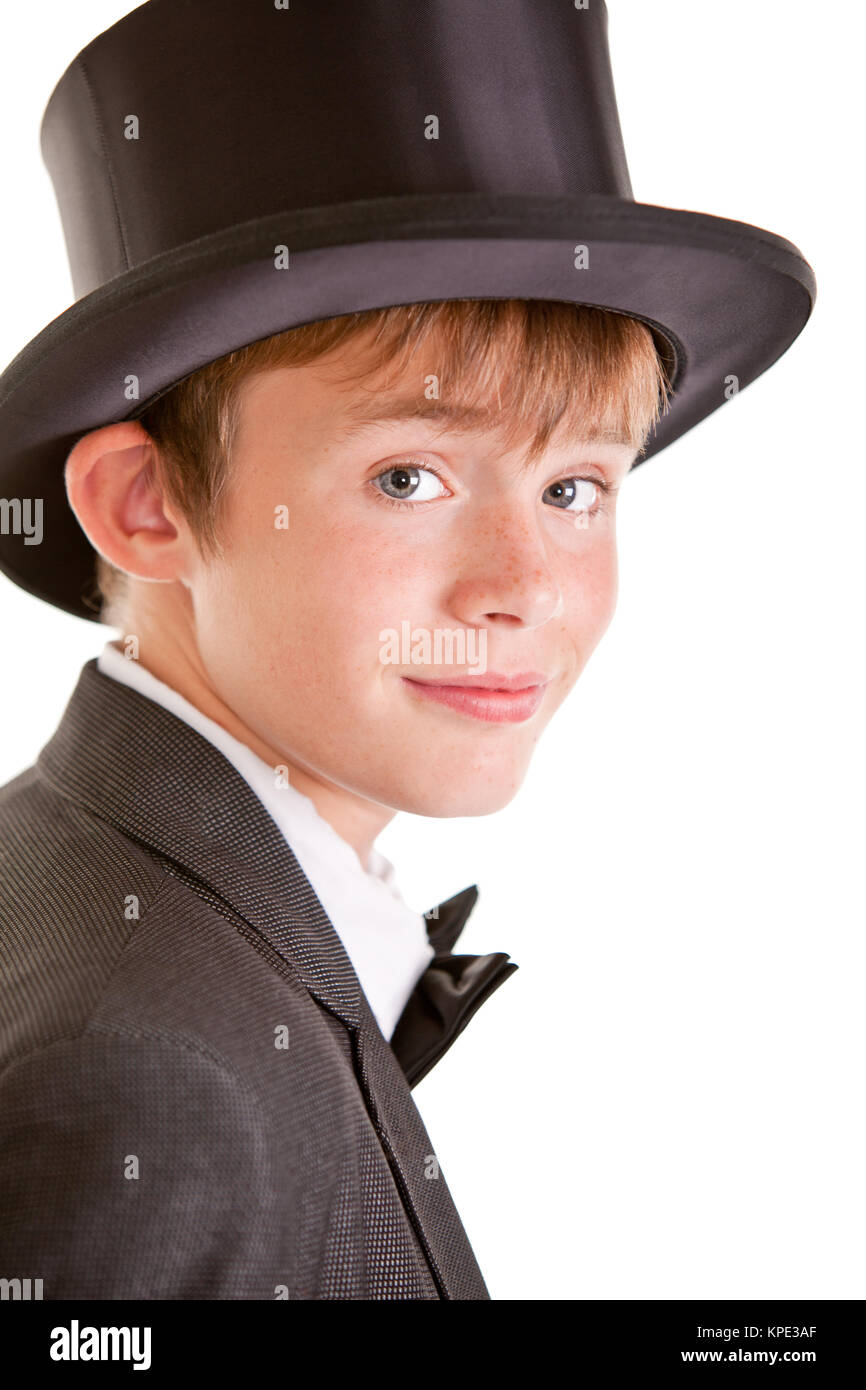 Handsome Boy in Formal Suit and Top Hat Stock Photo