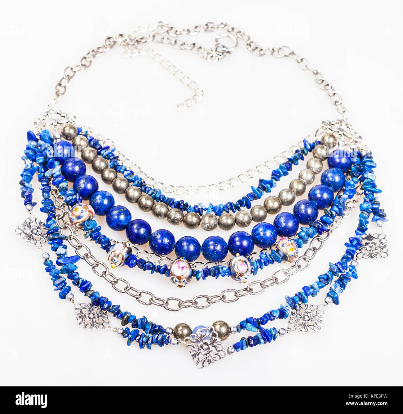 blue necklace from natural gemstones on white Stock Photo