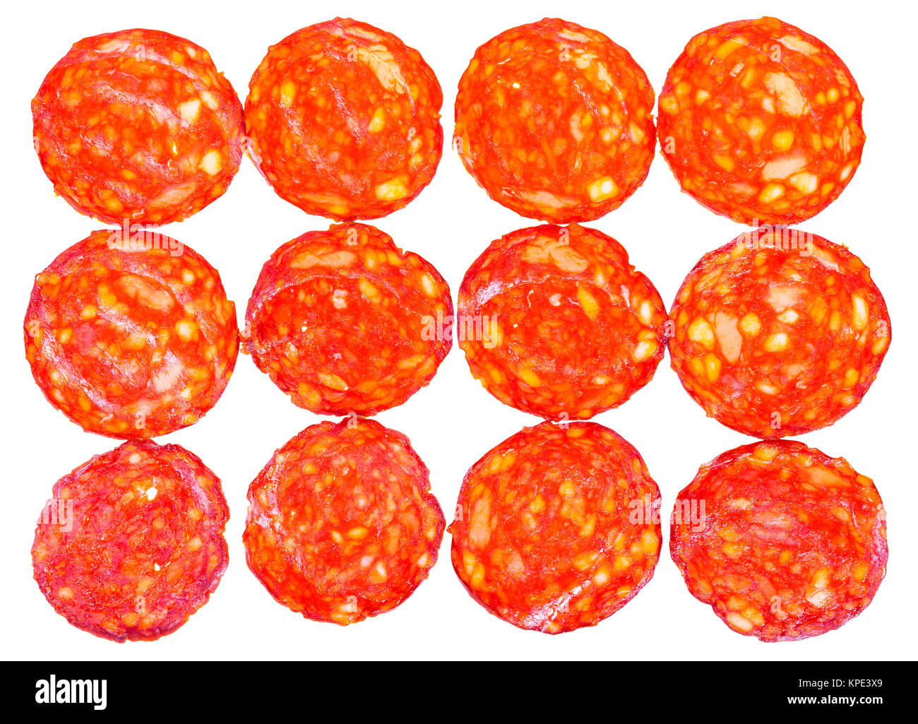 many slices of pepperoni salami isolated on white Stock Photo Alamy