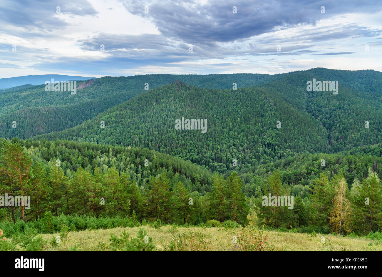 View on Takmakovsky district in valley of Bazaikha Rive. Russian reserve Stolby Nature Sanctuary. Near Krasnoyarsk Stock Photo