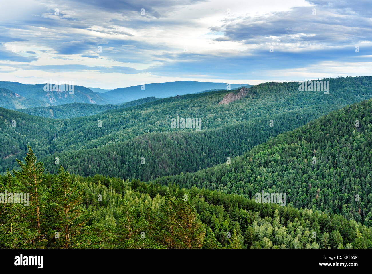 View on Takmakovsky district in valley of Bazaikha Rive. Russian reserve Stolby Nature Sanctuary. Near Krasnoyarsk Stock Photo