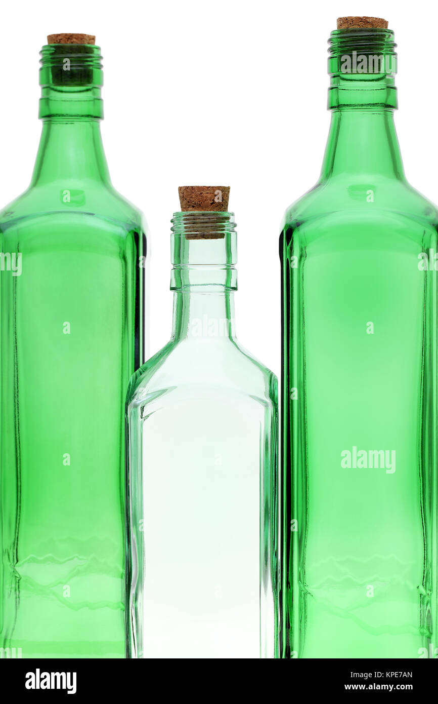 Empty glass bottle with cork stopper isolated on white background Stock