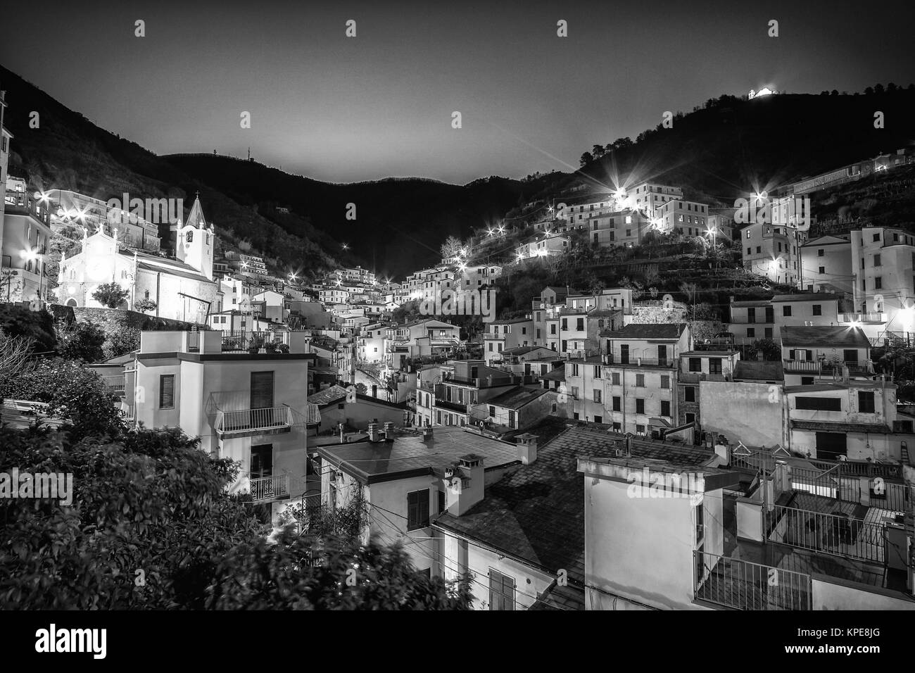 Riomaggiore village at night black and white Stock Photo