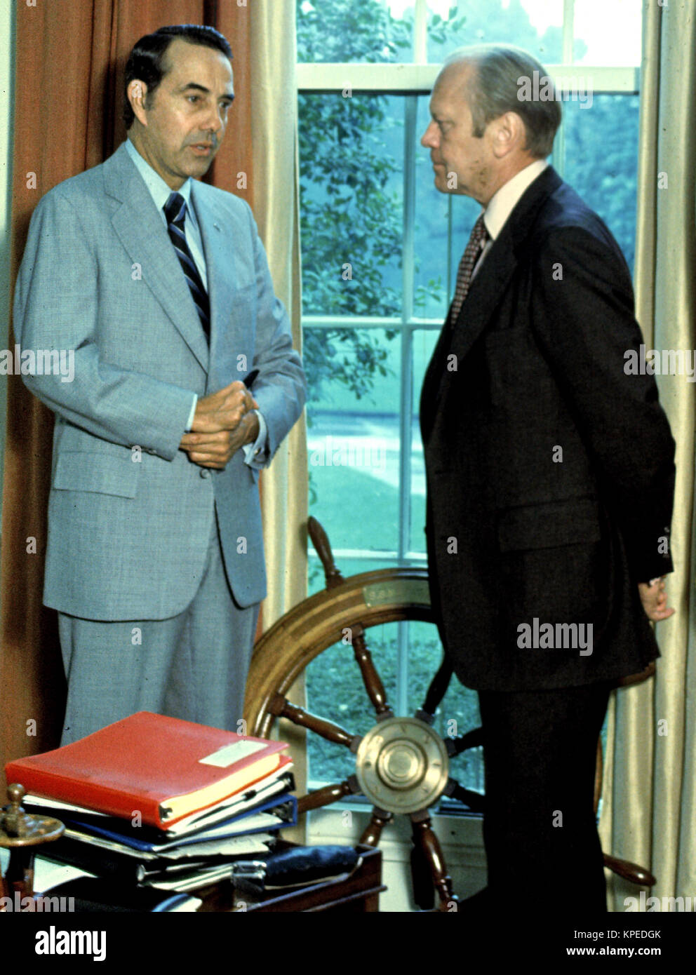 United States President Gerald R. Ford, right, meets with his running mate,  US Senator Bob Dole (Republican of Kansas), left, the GOP nominee for Vice  President of the United States, in the