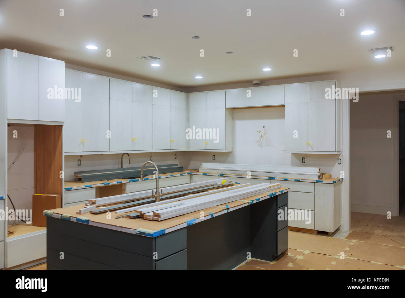 Custom Kitchen Cabinets In Various Stages Of Installation Base For Stock Photo Alamy
