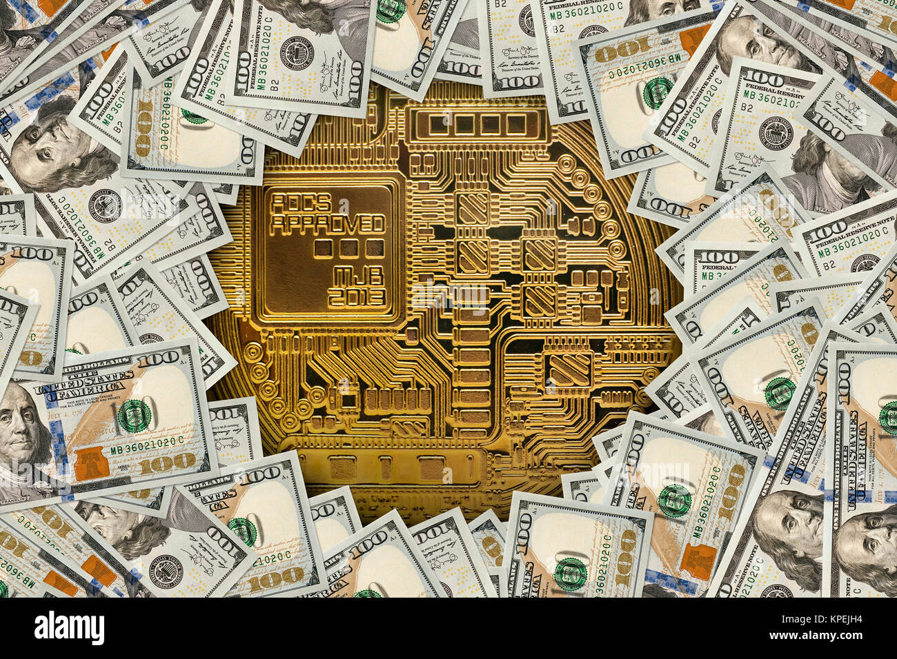 Golden bitcoin on us dollar bills electronic money exchange concept. a lot  of money in cash. 100 dollars texture. dear bitcoin. Gold coin. Profit from  Stock Photo - Alamy
