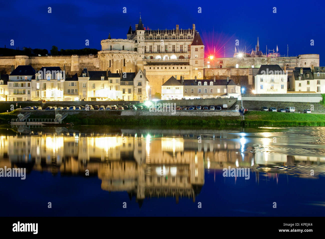 Chateau d'Amboise and reflections by night Stock Photo - Alamy