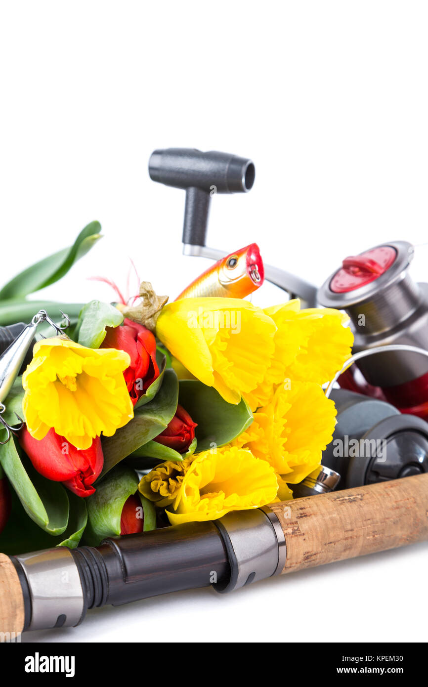 fishing tackles with spring flowers Stock Photo Alamy