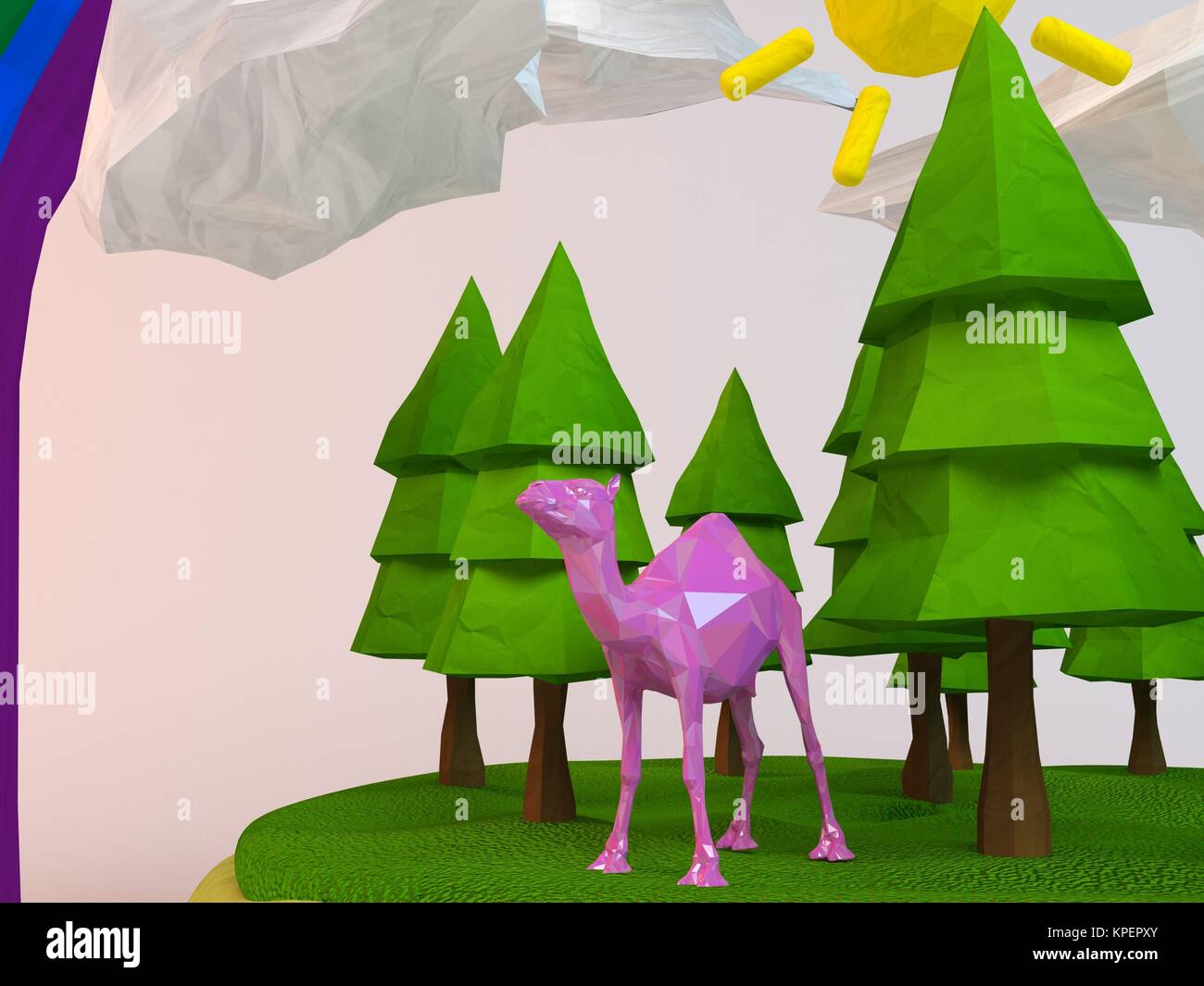 3d camel inside a low-poly green scene Stock Photo
