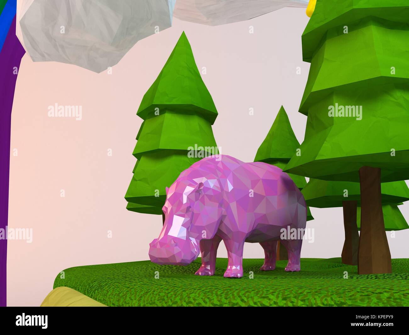 3d Hippo inside a low-poly green scene Stock Photo