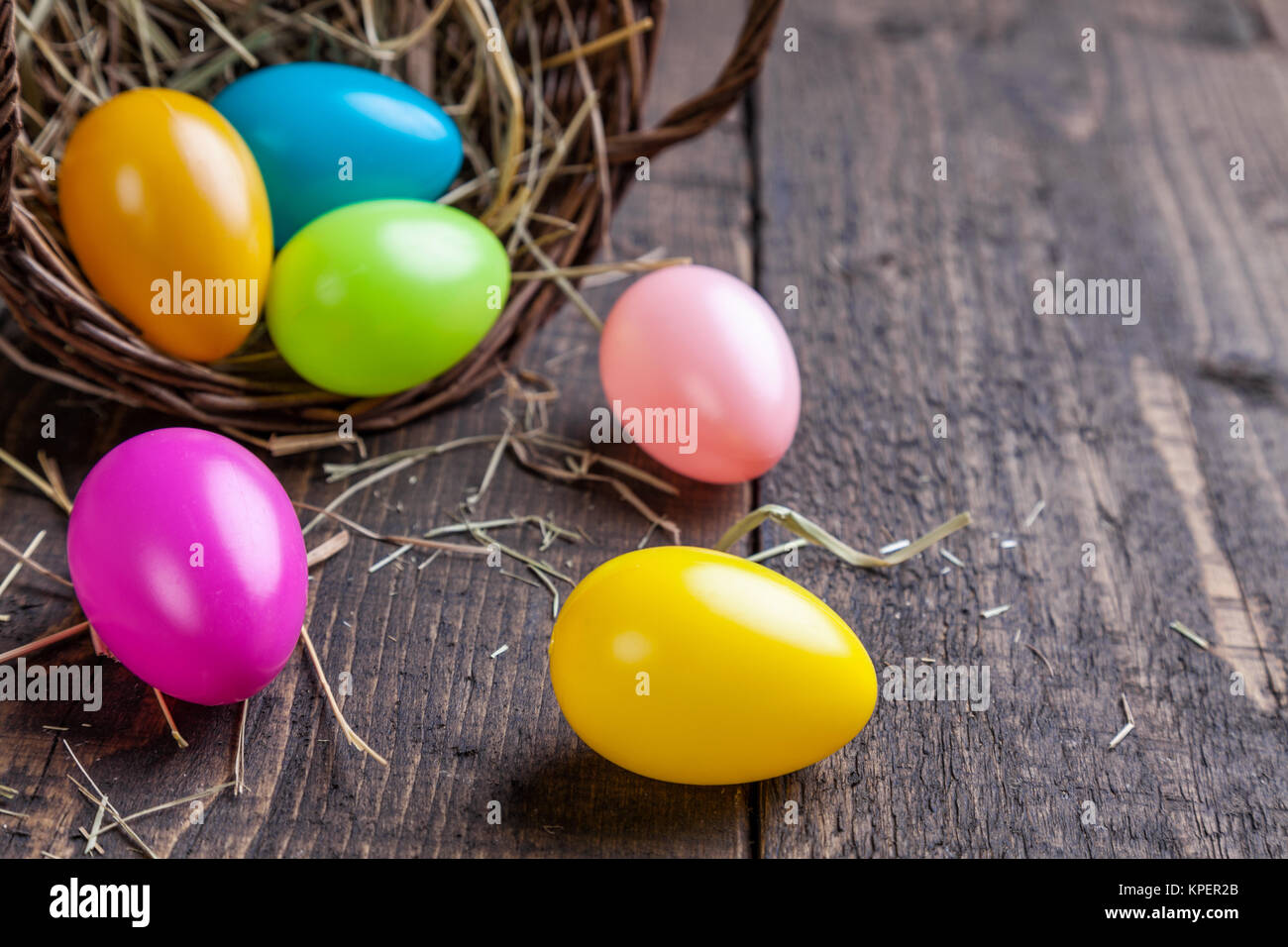 Easter eggs on a wooden background Stock Photo