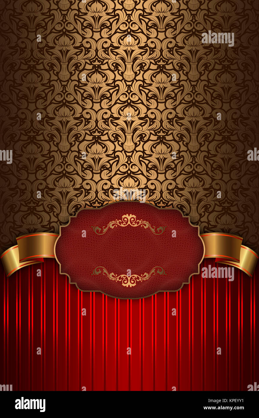 Red and gold vintage background with decorative frame,gold ribbon and