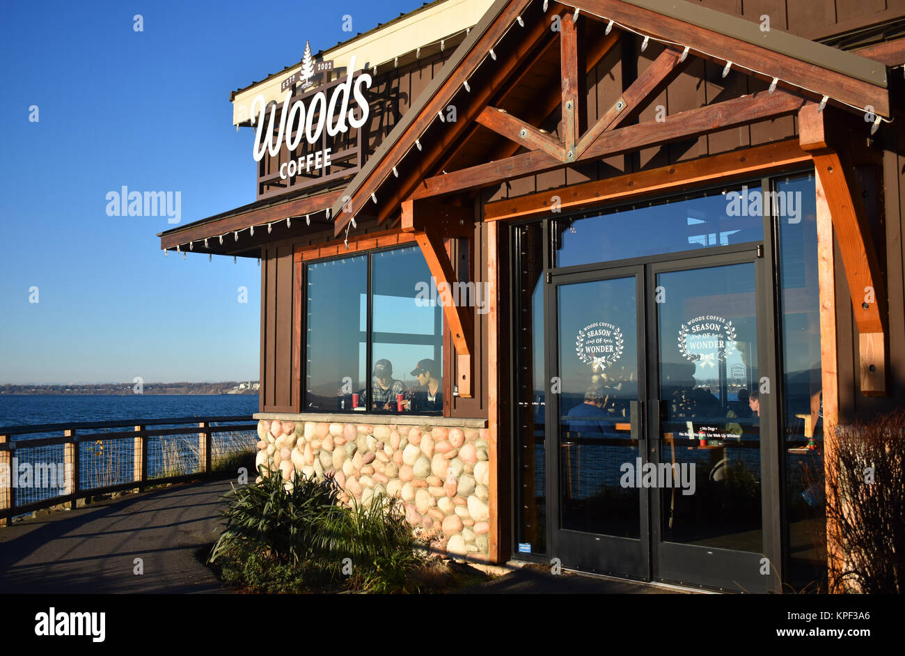 Woods Coffee at Boulevard Park in Bellingham Washington. Bellingham Bay is just over the