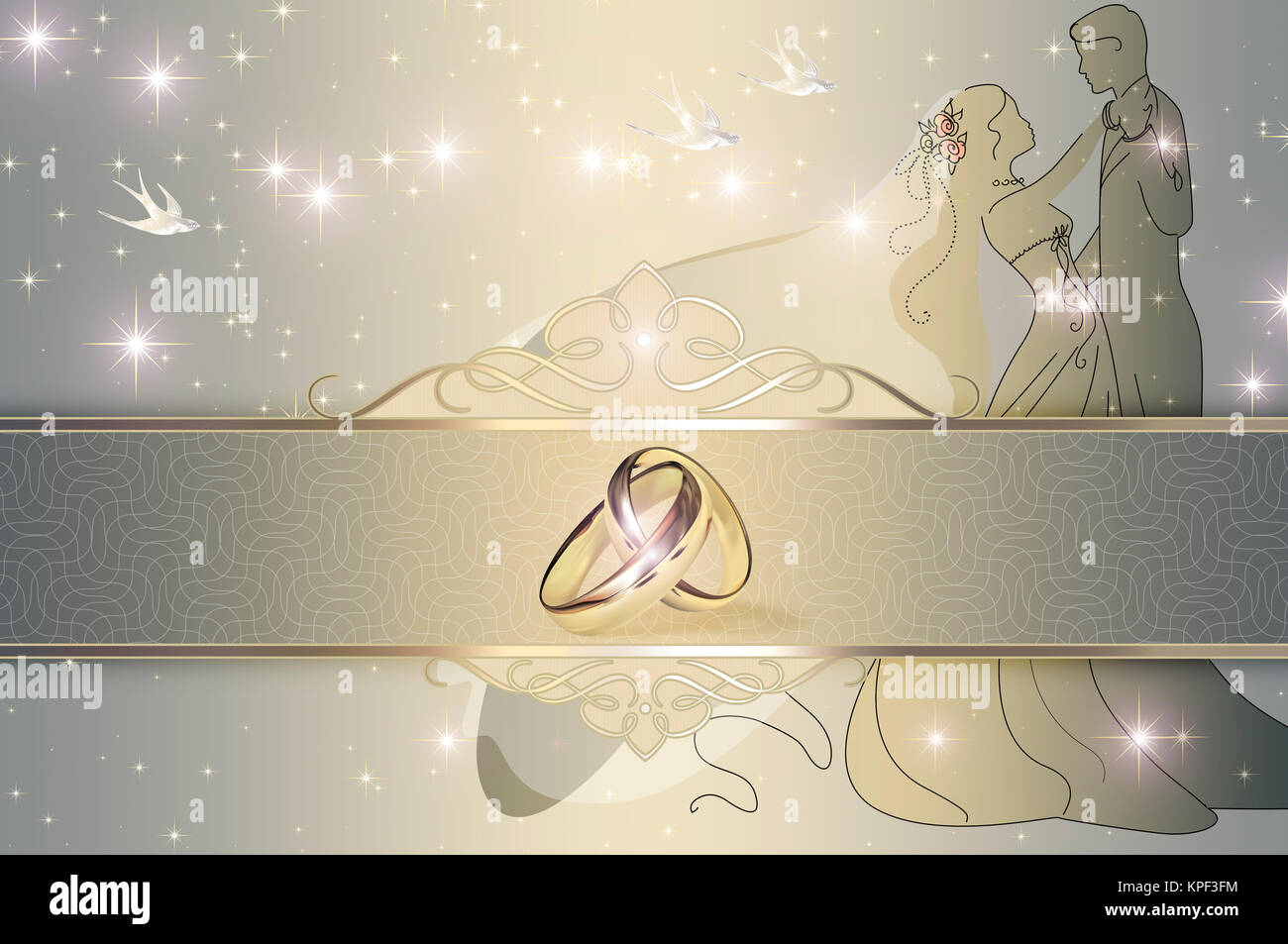 Wedding decorative background with gold wedding rings. Wedding invitation  template Stock Photo - Alamy