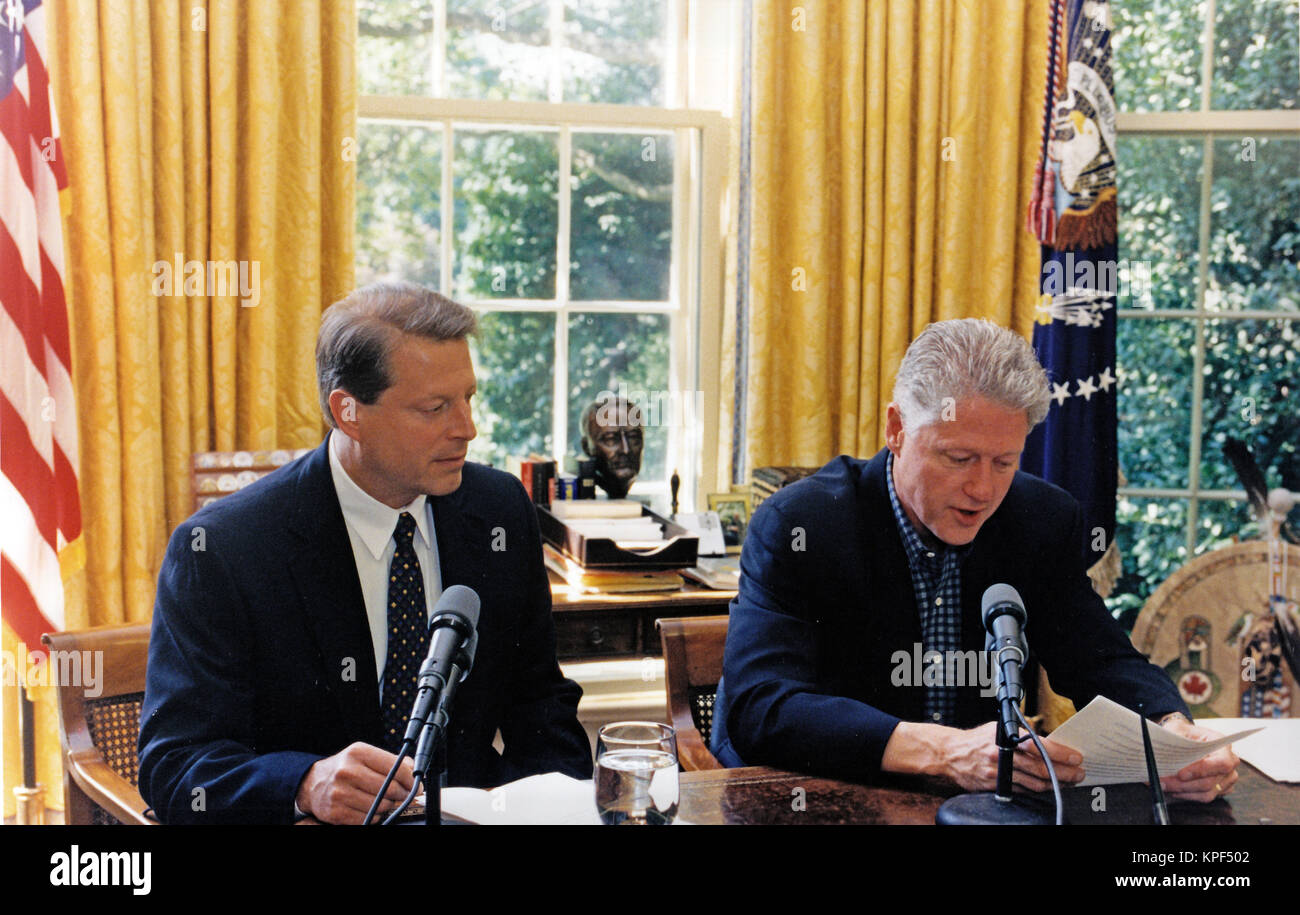 United States President Bill Clinton and US Vice President Al Gore deliver  the weekly radio address from the Oval Office of the White House in  Washington, DC on August 9, 1997. Mandatory