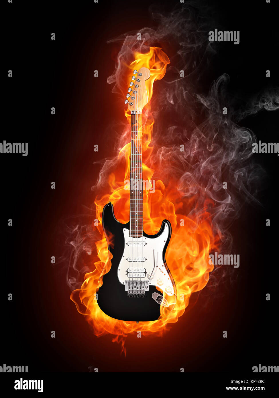 Electric Guitar in fire Isolated on Black Background. Computer Graphics. Stock Photo