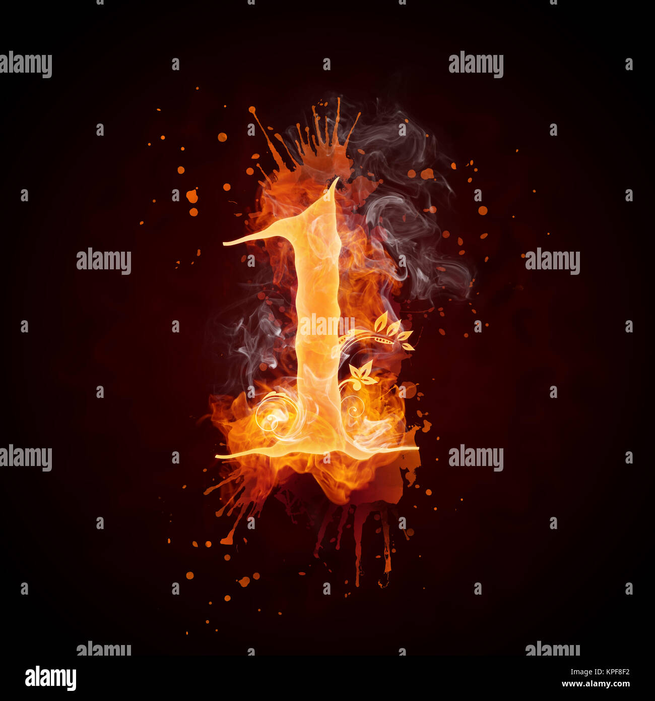 Fire Swirl Number 1 Isolated on Black Background. Computer Design Stock