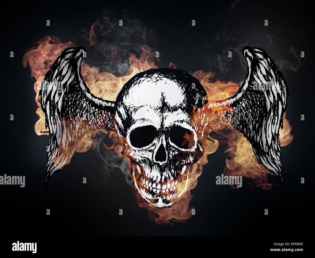 Sketch of Human Skull in Fire Isolated on Black Background Stock Photo