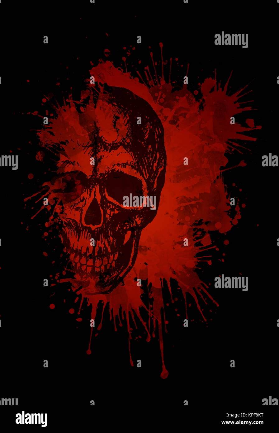 Sketch of Human Skull in Blood Isolated on Black Background. Vector. Computer Graphics. Stock Photo