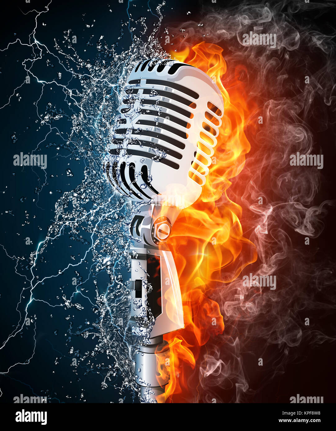 Old Microphone on Fire and Water. Computer Graphics. Stock Photo