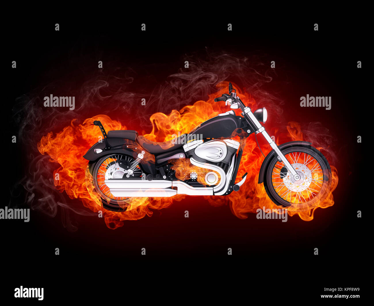 Motorcycle in Fire Isolated on Black Background.. Computer Graphics. Stock Photo