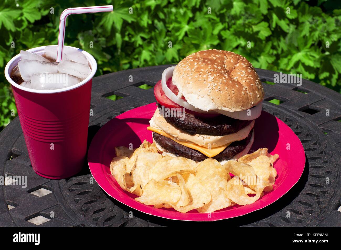 giant burger with chips Stock Photo