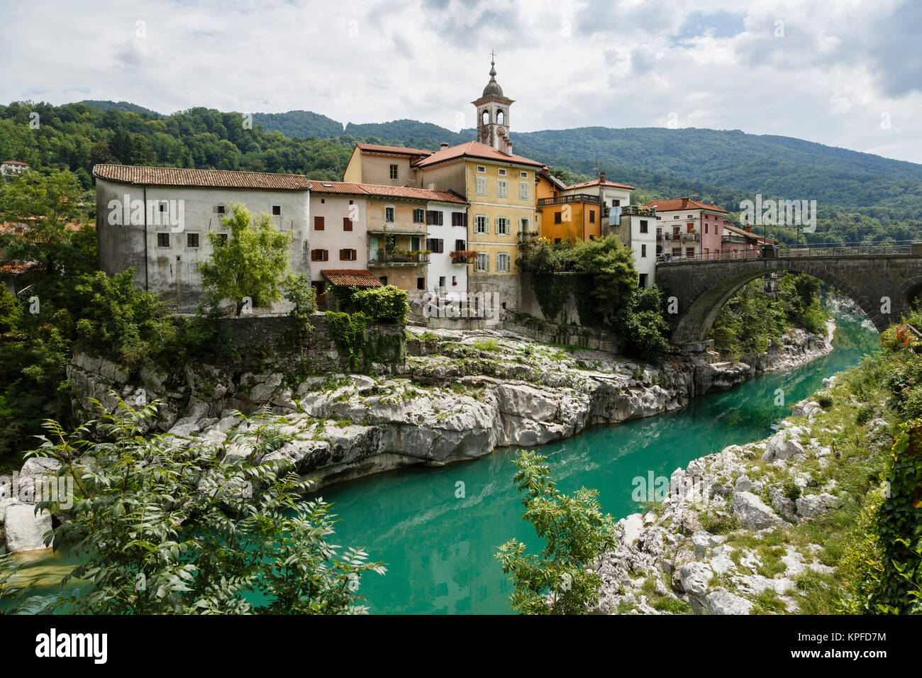 Kanal and the Soča River, Slovenia Stock Photo
