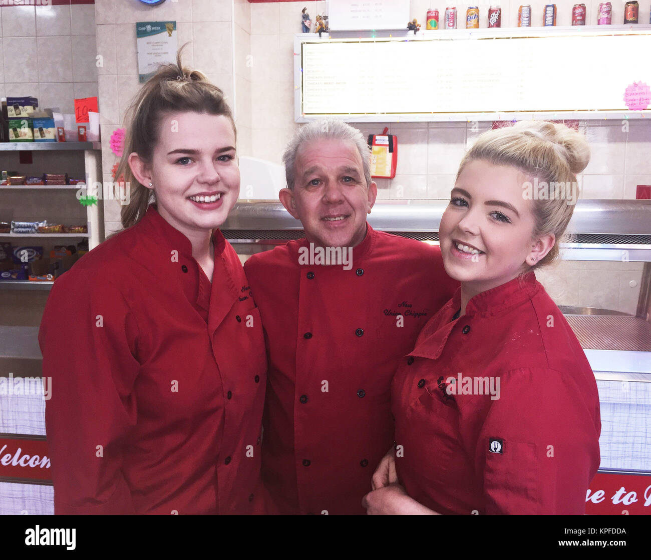 BEST QUALITY AVALIABLE (From the left) Lucy Beck, Jim Beck and Kerris Gentles of New Union Chippie in Camelon, near Falkirk, whic has begun selling battered treats as part of a winter shake-up to the menu. Stock Photo