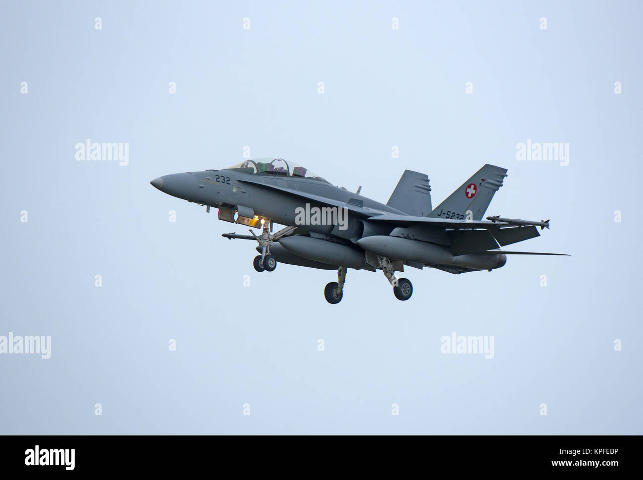 Swiss Air Force McDonnel Douglas F18C/A Hornet Fast Twin Engined Jet Fighter Aircraft.on 4 week pilot training exercise. Stock Photo