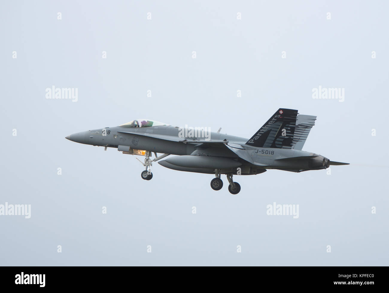 Swiss Air Force McDonnel Douglas F18C/A Hornet Fast Twin Engined Jet Fighter Aircraft.on 4 week pilot training exercise. Stock Photo