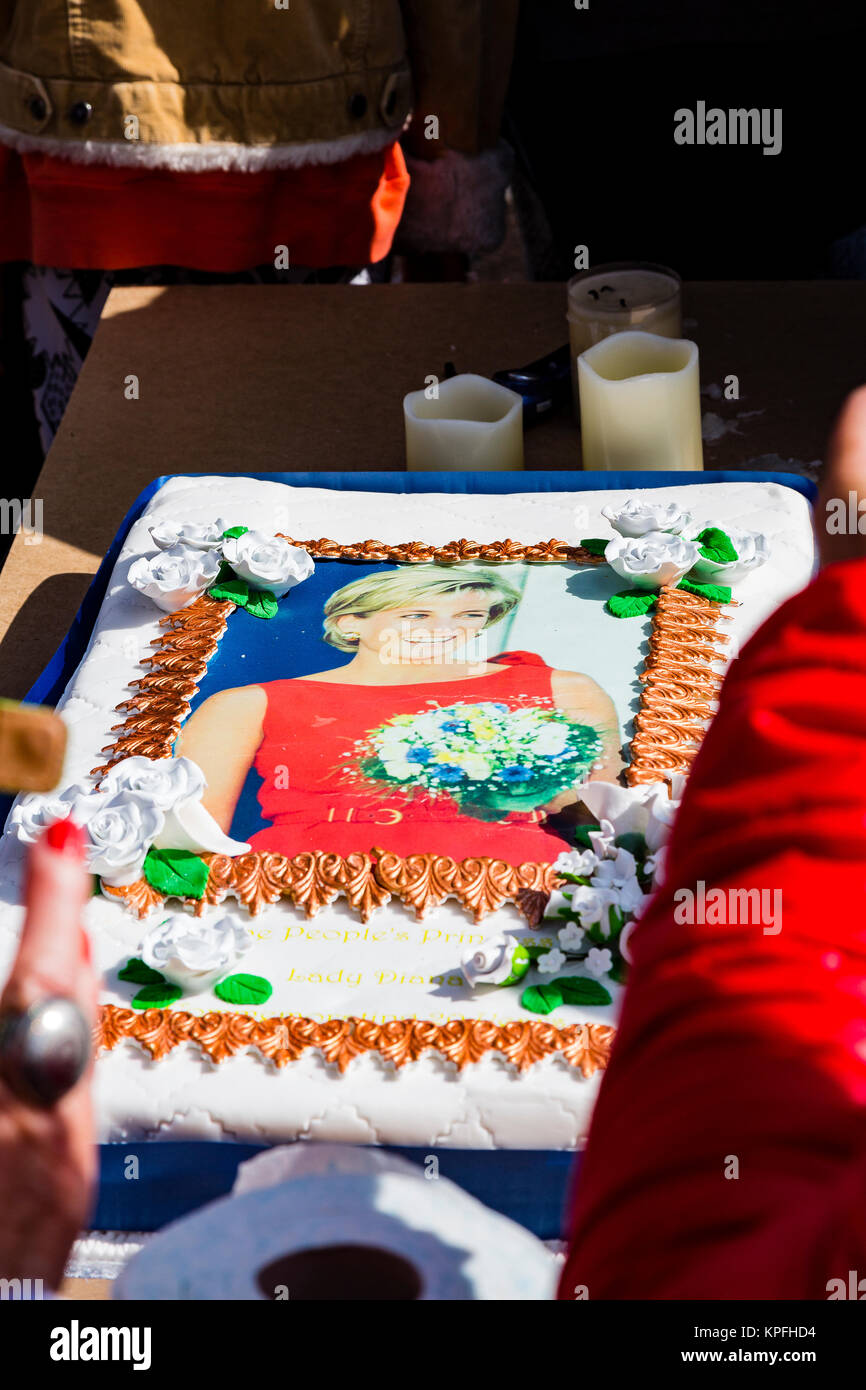 London, UK. Detail view of a cake with a photograph of Diana Princess of Wales on it, baked to commemorate the 20th anniversary of her death. Stock Photo