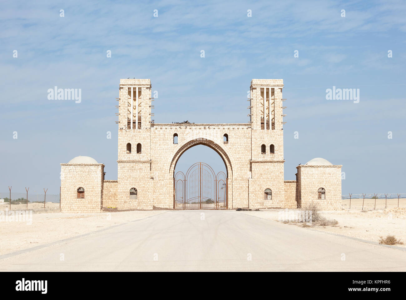 Farm gate with traditional arabic wind towers. Qatar, Middle East Stock Photo Alamy