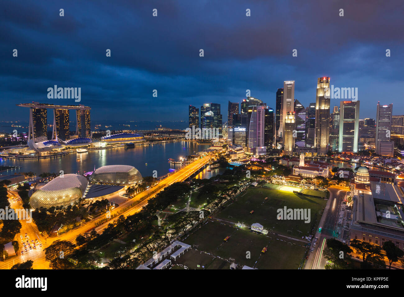 Singapore, city skyline elevated view above the Padang, dusk Stock Photo