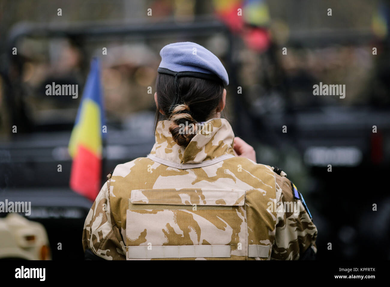 Female soldier takes part at a military parade Stock Photo