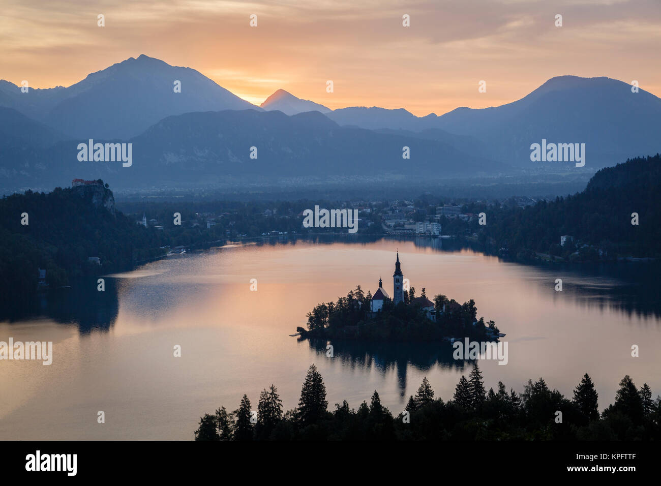 Lake Bled at dawn, Slovenia Stock Photo